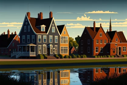 Serene Houses by the Water: Art Nouveau-Inspired Illustration