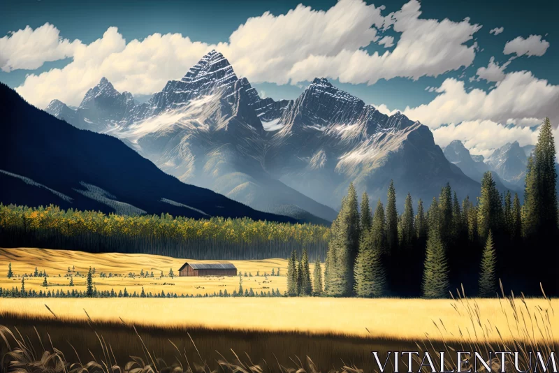Serene Mountain Landscape: Realistic Rendering with Golden Age Illustrations AI Image