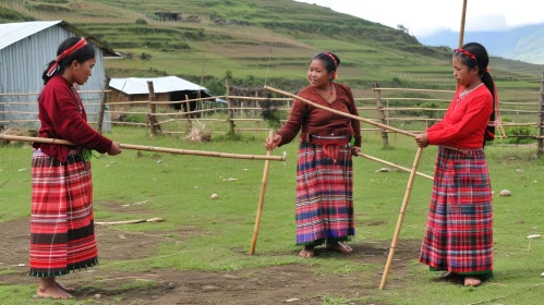 Traditional Hmong Clothing Game with Bamboo Sticks in a Field
