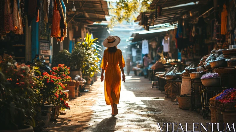 Vibrant Street Market Scene: Woman in Yellow Dress AI Image