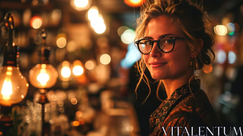 Young Woman in Bar or Restaurant with Friendly Smile AI Image