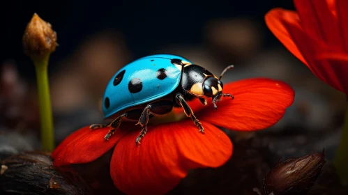 Blue Ladybug on Red Flower - Nature's Beauty Captured