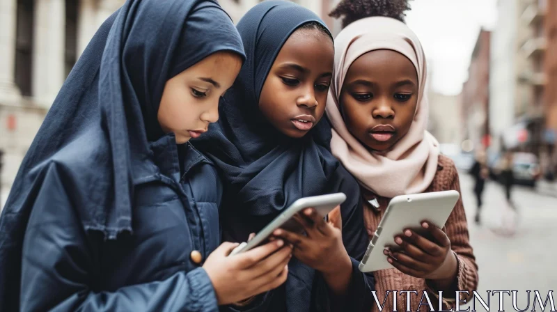 Captivating Image of Three Muslim Girls Engrossed in Smartphone AI Image