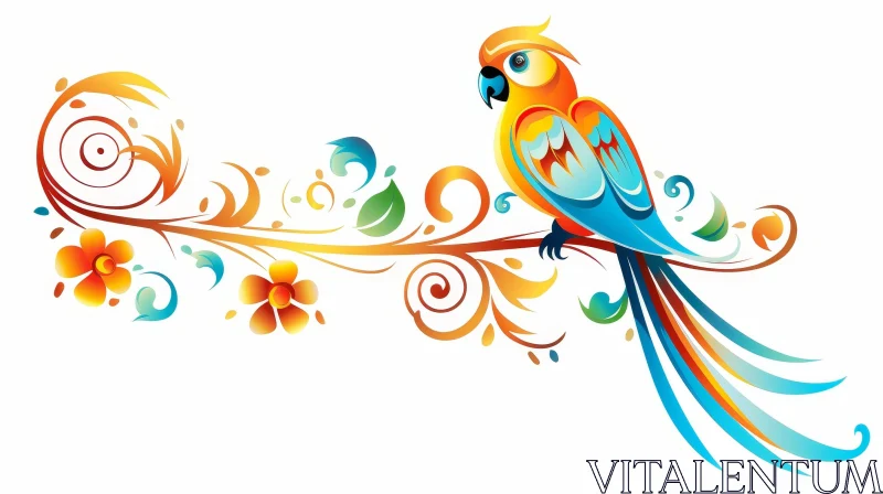 Colorful Parrot Illustration on Branch with Flowers and Leaves AI Image