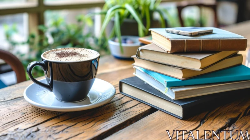 AI ART Cozy Still Life: Coffee Cup and Books on Wooden Table