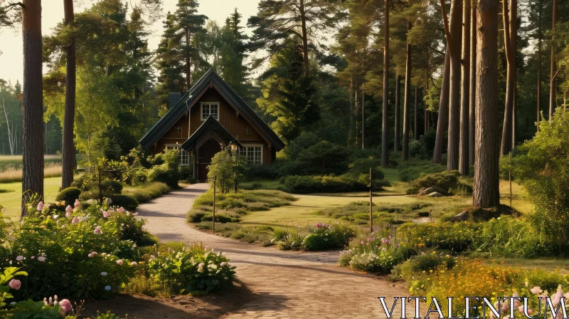 Enchanting Wooden House in a Serene Forest AI Image