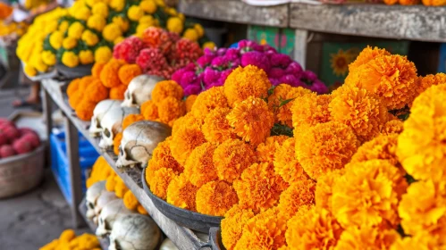 Flowers and Skulls at a Market Stall - A Captivating Display