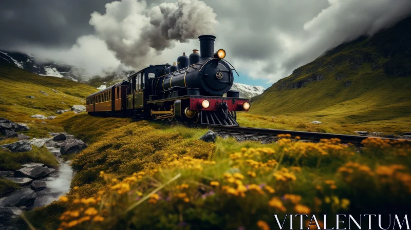 Scenic Steam Locomotive Journey Through Mountain Valley AI Image