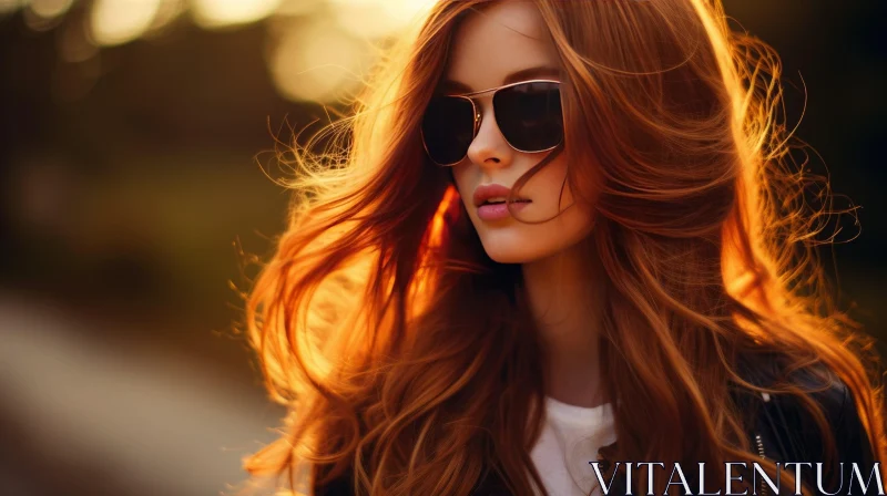 Serious Red-Haired Woman in Sunglasses at Sunset AI Image