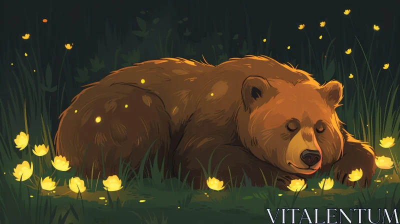 Sleeping Bear in Flower Field AI Image
