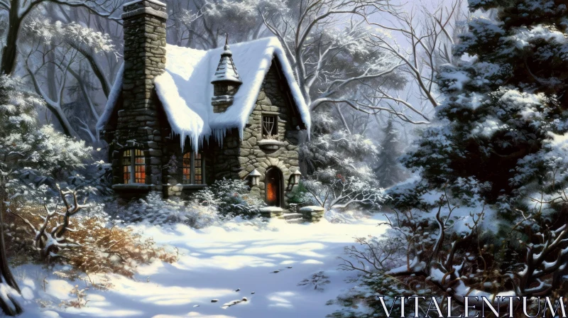 Snow-Covered Cottage in the Woods: A Serene Painting AI Image