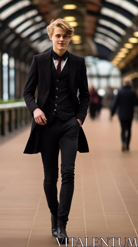 Stylish Young Man Walking in Black Suit | Portrait Photography AI Image