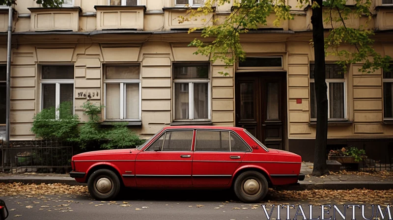 Vintage Red Car Parked Beside a Charming Building - Urban Grittiness AI Image