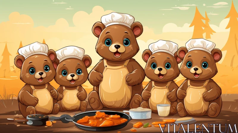 Adorable Bear Family Cooking in Forest Scene AI Image