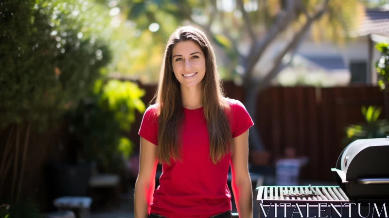 Beautiful Woman in Red T-Shirt Smiling at Barbecue Grill AI Image