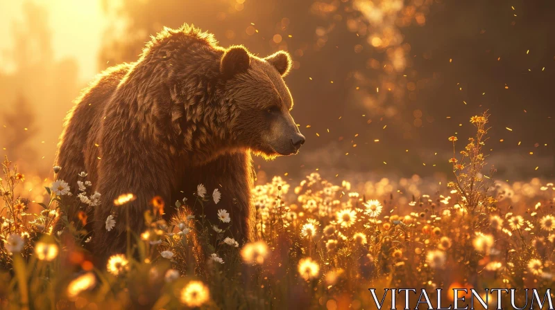 Brown Bear in Flower Field at Sunrise AI Image