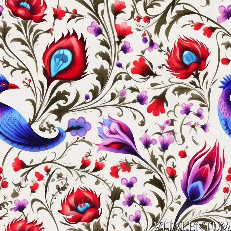 Intricate Floral Pattern - Red, Blue, Purple Flowers AI Image