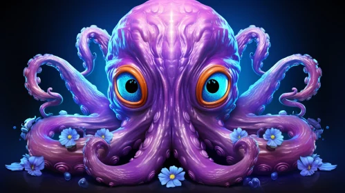 Purple Octopus 3D Rendering on Blue Flowers