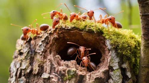 Red Ants on Tree Stump: Nature Exploration Scene