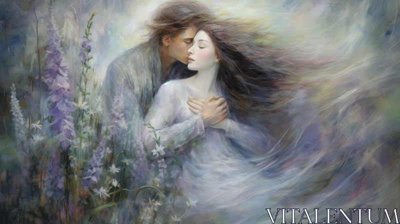 Romantic Embrace in Flower Field Painting AI Image