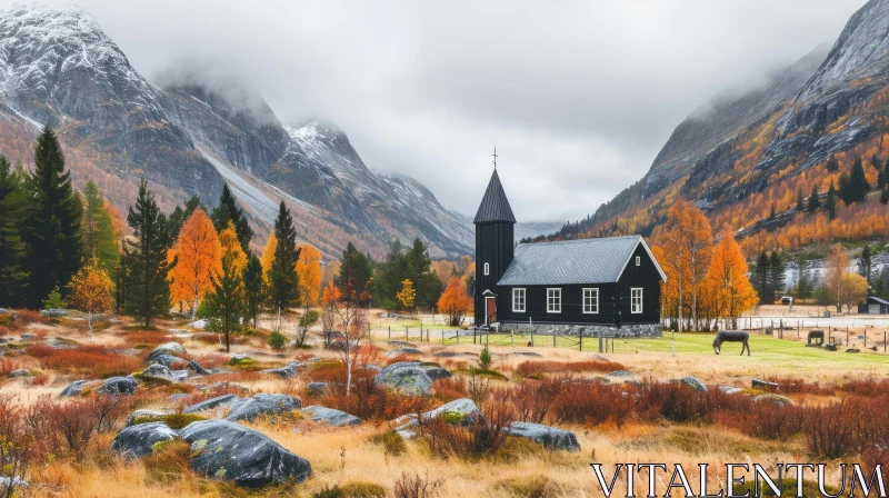 Serene Beauty: A Small Wooden Church Surrounded by Majestic Mountains AI Image
