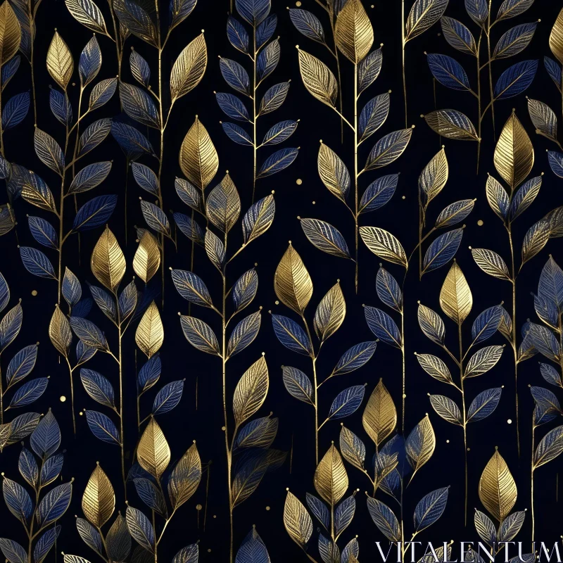 Sophisticated Golden Leaves Pattern on Dark Blue Background AI Image