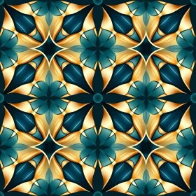 Symmetrical Floral Quatrefoil Pattern in Teal Blue and Gold