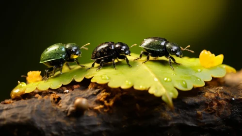 Black Beetles on Green Leaf - Nature Wildlife Close-up