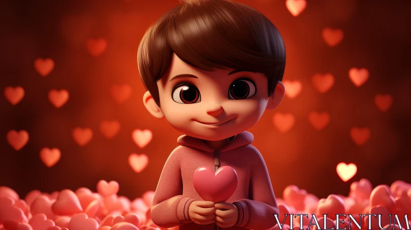 Cartoon Boy Holding Pink Heart in Sea of Hearts AI Image
