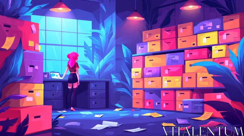 Enchanting Digital Painting of a Girl in a Room Full of Boxes AI Image
