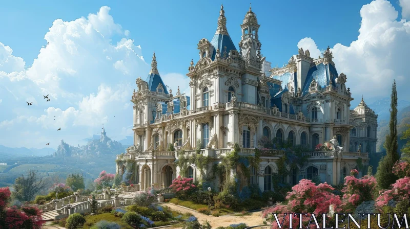 Enchanting White Castle Surrounded by Lush Gardens - A Fairy Tale Scene AI Image