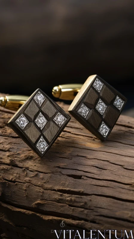 Exquisite Wooden Cufflinks with Diamonds and Gold Finish AI Image