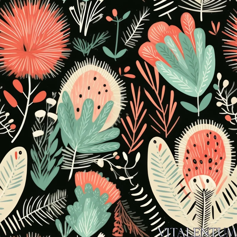 Hand-Painted Floral Pattern on Black Background AI Image