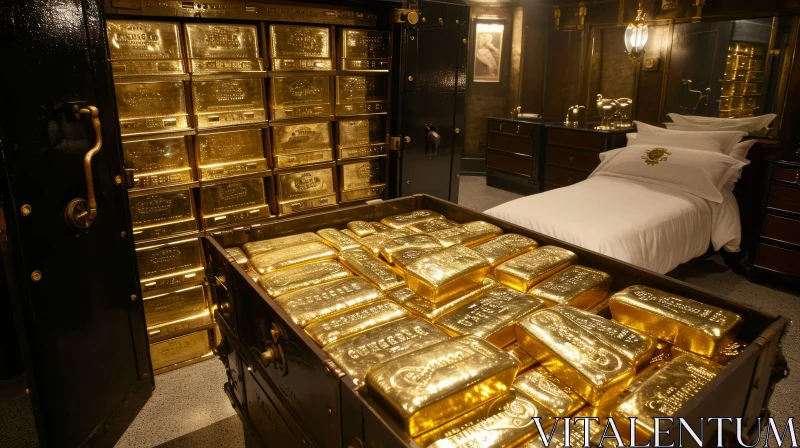 Luxurious Bedroom with Safe Full of Gold Bars AI Image