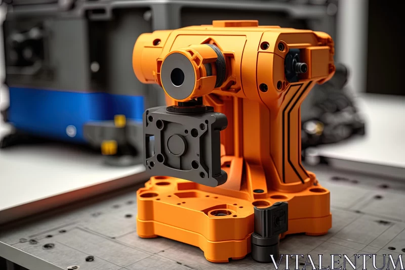 Meticulously Detailed Orange Product in front of a Mechanized Precision Machine AI Image
