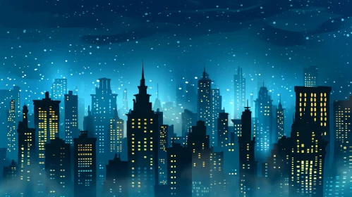 Night Cityscape Digital Painting with Falling Snow