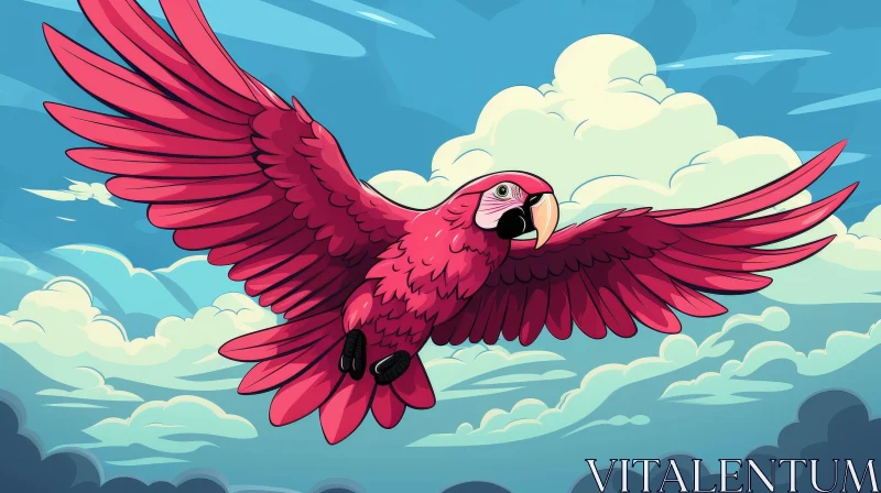 Pink Parrot Flying in Blue Sky AI Image