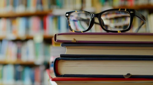 Stack of Books with Black Eyeglasses on Library Background