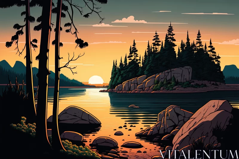 Sublime Wilderness: Sunrise over Lake with Trees - Hyper-Detailed Illustration AI Image