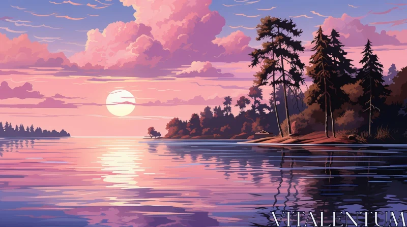 Tranquil Lake Sunset Landscape AI Image