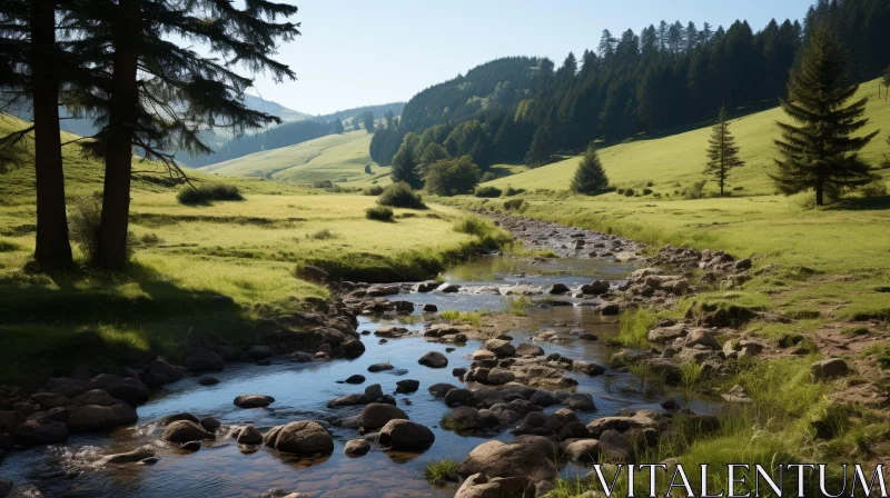 Tranquil River Landscape in a Green Valley AI Image