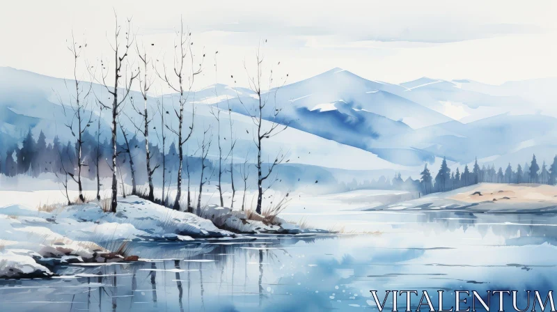 Tranquil Winter Watercolor Landscape Painting AI Image