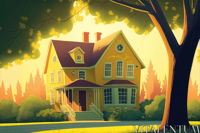 Yellow House in Forest: Serene Neo-Victorian Artwork AI Image