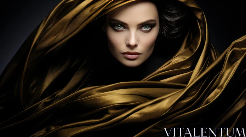 Beautiful Woman with Dark Hair and Golden Silk Scarf AI Image