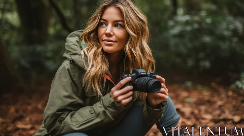 Blonde Woman Photographer in Woods with Camera AI Image