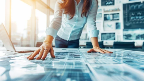 Captivating Office Space: Woman Engrossed in Blueprints