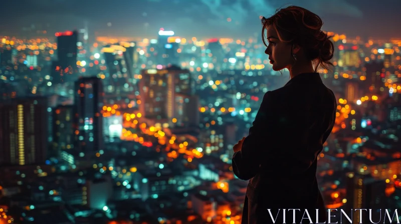 Captivating Urban Photography: Woman on Rooftop Overlooking City at Night AI Image