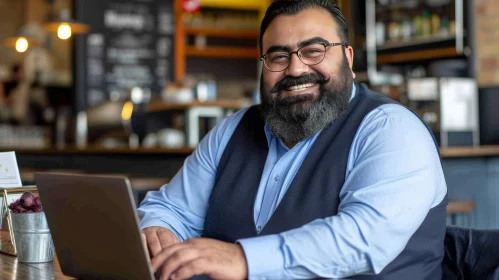 Cheerful Bearded Man in a Cozy Cafe | Laptop | Blue Shirt