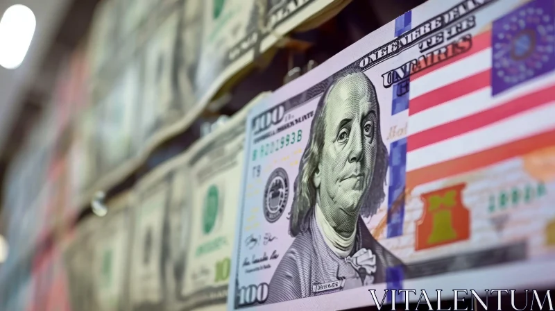 Close-up of 100 Dollar Bill with Blue and Red Ribbon AI Image