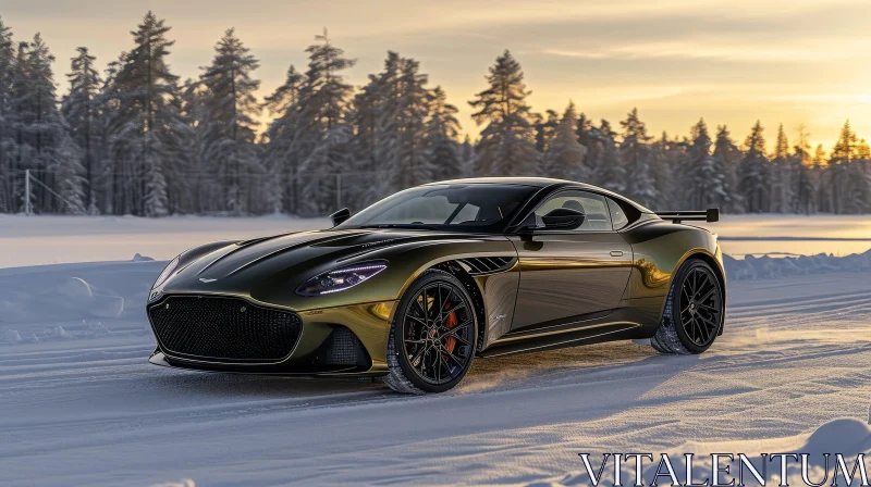 AI ART Dark Green Aston Martin DBS Superleggera Driving on Snowy Road